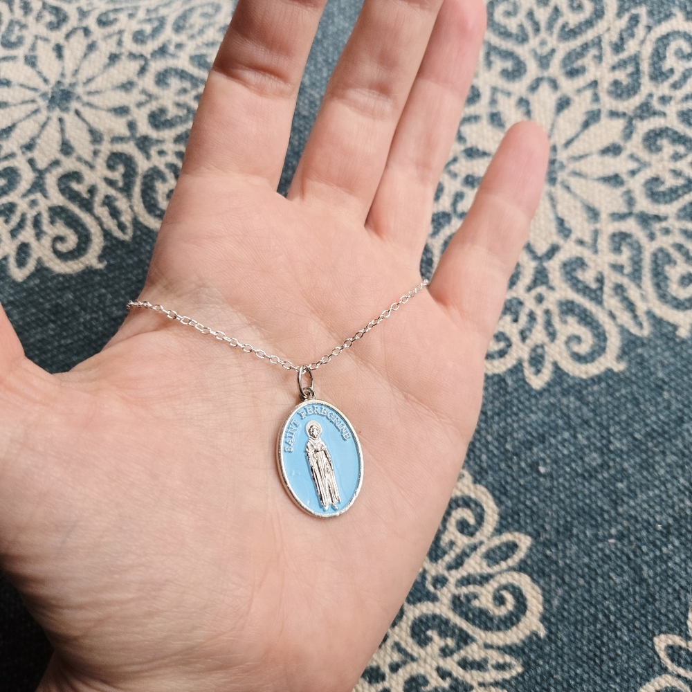 Vintage Silver & Baby Blue Saint St Peregrine Medal Medallion Necklace